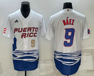 Men%27s Puerto Rico Baseball #9 Javier Baez Number White 2023 World Baseball Classic Stitched Jerseys